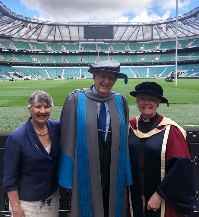 Lord Thomas (centre), with this wife Baroness Joan Walmsley (left) and Dr Alison Baverstock (right) following his graduation at Twickenham Stadium.