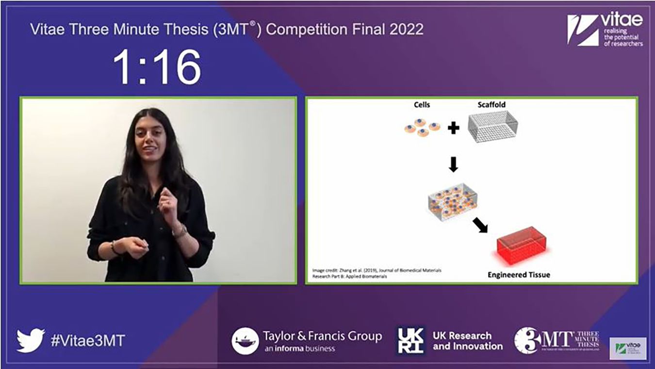 Sadaf Akbari delivers her award-winning presentation at the 2022 Vitae Three Minute Thesis competition.