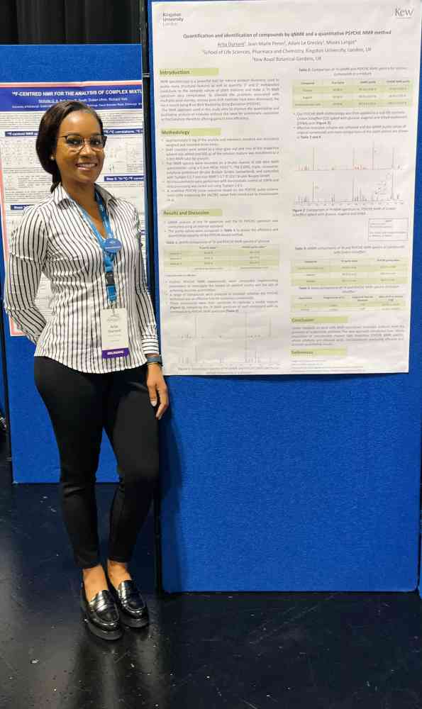 Arija Durrant and her poster at EuroMar 2023, UK - Arija presented an update of her PhD work on PSYCHE NMR as a semi-quantitative 1H NMR technique.