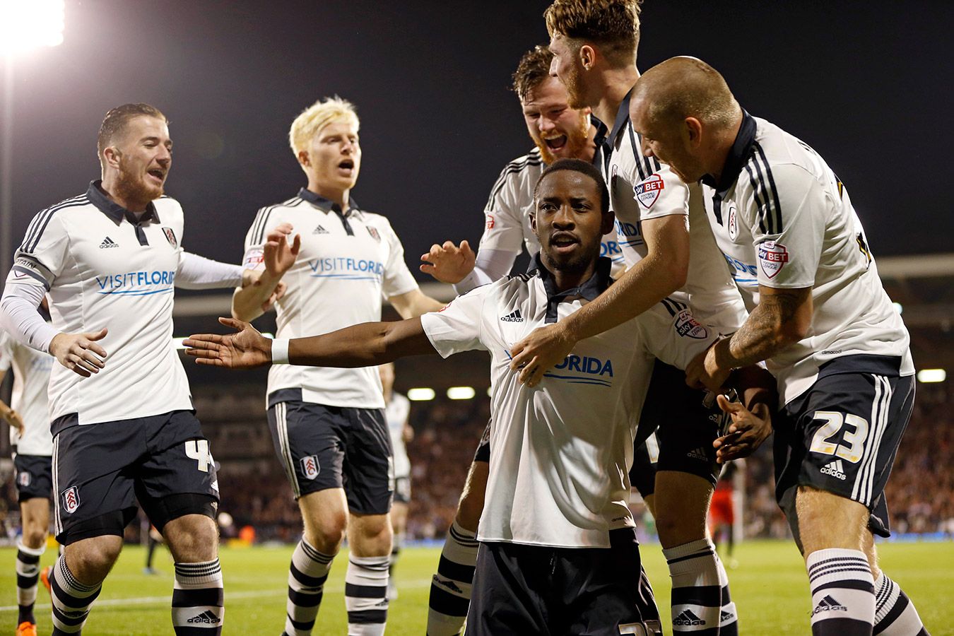 Fulham players celebrating scoring a goal. Photo: Backpage Images