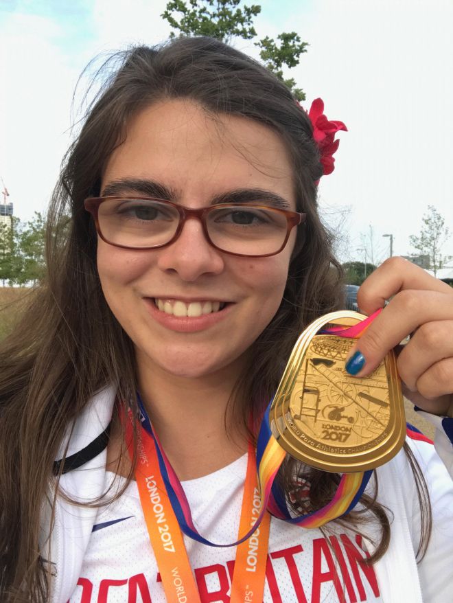 Third year illustration animation student Sophie Kamlish with her 2017 World Para Athletics Championships gold medal