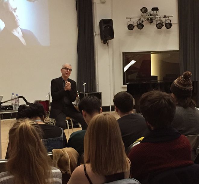 Music producer Tony Visconti shares his experiences of music production with students at Kingston University