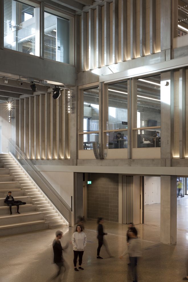 Open spaces and staircases with Kingston University's RIBA Stirling Prize-shortlisted Town House building. Photo by Alice Clancy. 