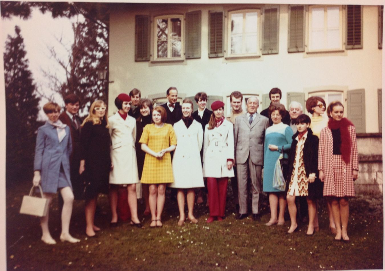 Kingston College of Art's Head of Fashion, Daphne Brooker, centre front, poses with her students during a visit to Bally's Shoe Factory Museum in Schoenwerd, Switzerland, in March 1966. Photo: Kingston University Special Collections.