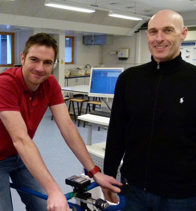 James Brouner, sport analysis lecturer, and Dr Owen Spendiff, field leader in sport science, in the sport performance laboratory at Kingston University