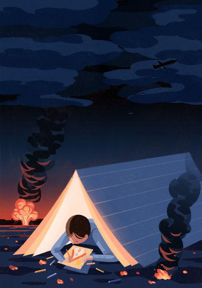 Illustration of a child drawing in a tent with an explosion behind