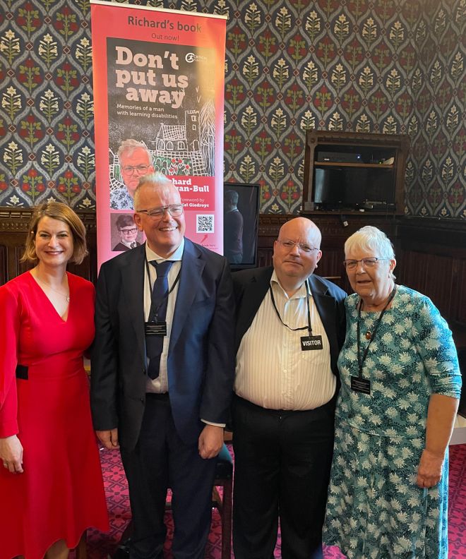 Richard Keagan-Bull (second from left) was joined at the Houses of Parliament by his local MP Helen Hayes (far left), his brother Philip (second from right) and his mother (far right).