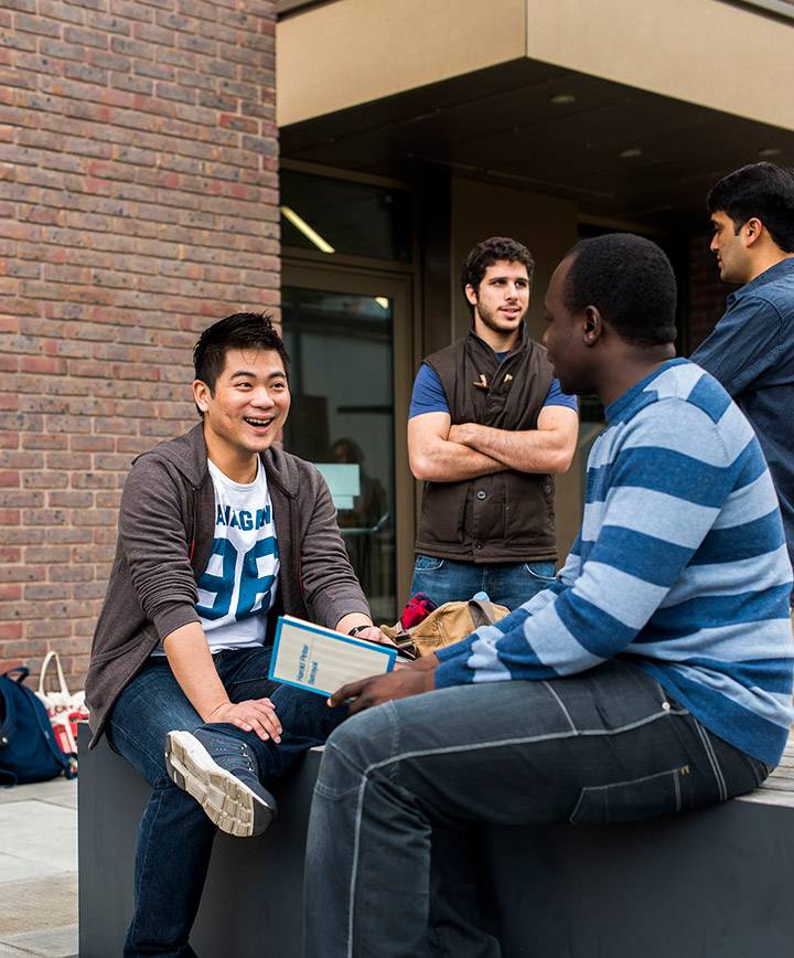 Postgraduate students outside the Business School building