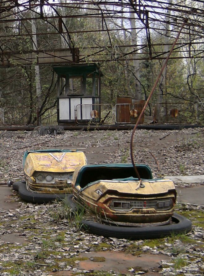 Dodgem cars in an amusement park in the abandoned city of Pripyat, near the Chernobyl nuclear power plant