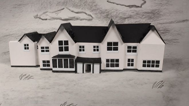 Animation for The Grange featuring a black and white house