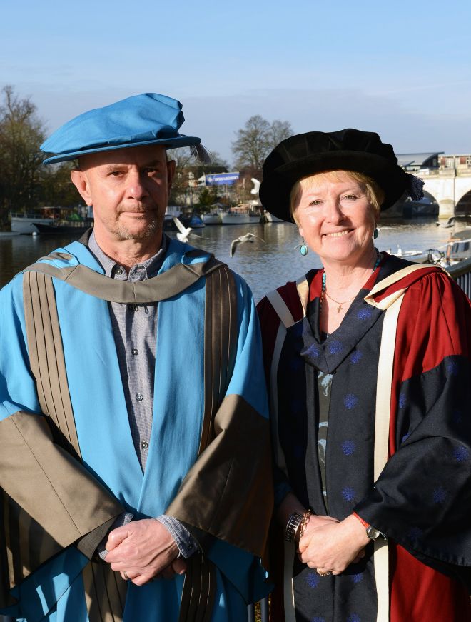 Author Nick Hornby with Kingston University Associate Professor Alison Baverstock.