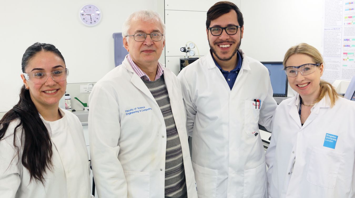 Professor Andrey Karlyshev (second left) and Dr Ruth Griffin (far right) with Masters student Cansu Karyal and PhD student Ronni Da Silva, who have both been involved in the research into bacterial meningitis,