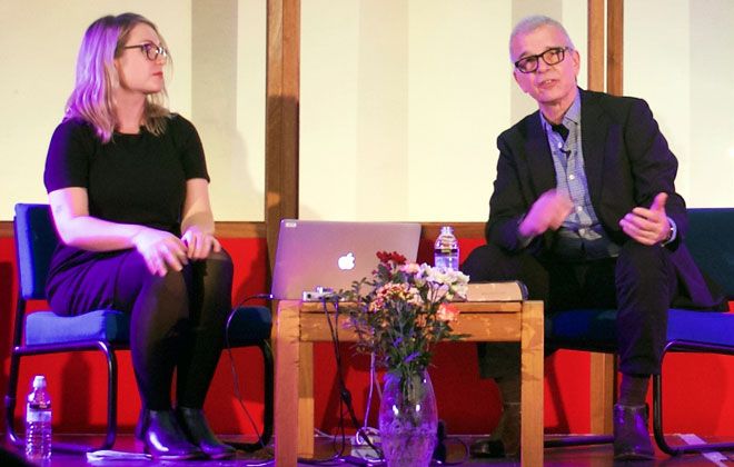 Tony Visconti at Kingston University with Dr Leah Kardos