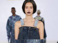 Kingston University designer's sustainable fusion of denim and African fabrics modelled at Graduate Fashion Week by industry icon Caryn Franklin