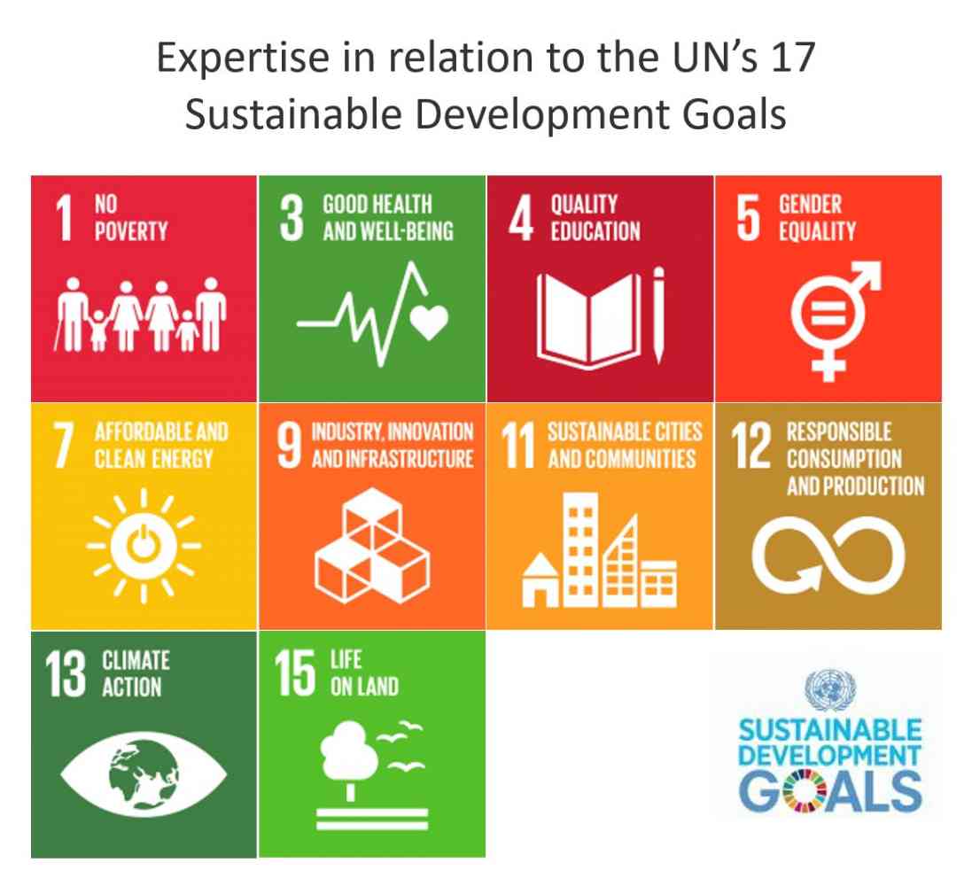 Expertise in the following SDGs: 1, 3, 4, 5, 7, 9, 11, 12, 13 & 15 - UN's Sustainable Development Goals (SDGs): https://sdgs.un.org/goals