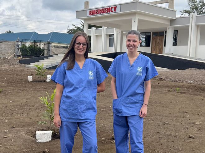 Nursing students Molly Davis and Daisy Lipscombe on placement at Meru District Hospital in Tanzania