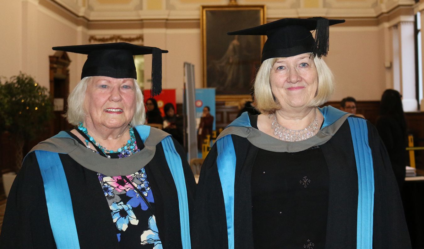 Hilary Chalkly with her friend Carol Marshall at Kingston University graduation ceremony