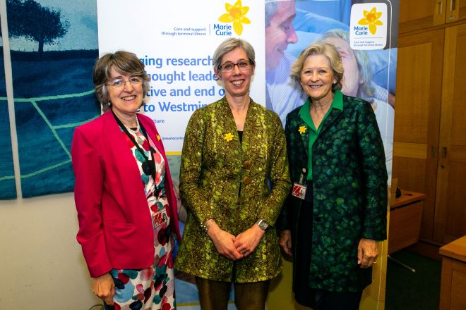 Professor Irene Tuffrey-Wijne (centre) was joined by Baroness Finlay of Llandaff (left) and Baroness Hollins (right) at the Marie Curie lecture.