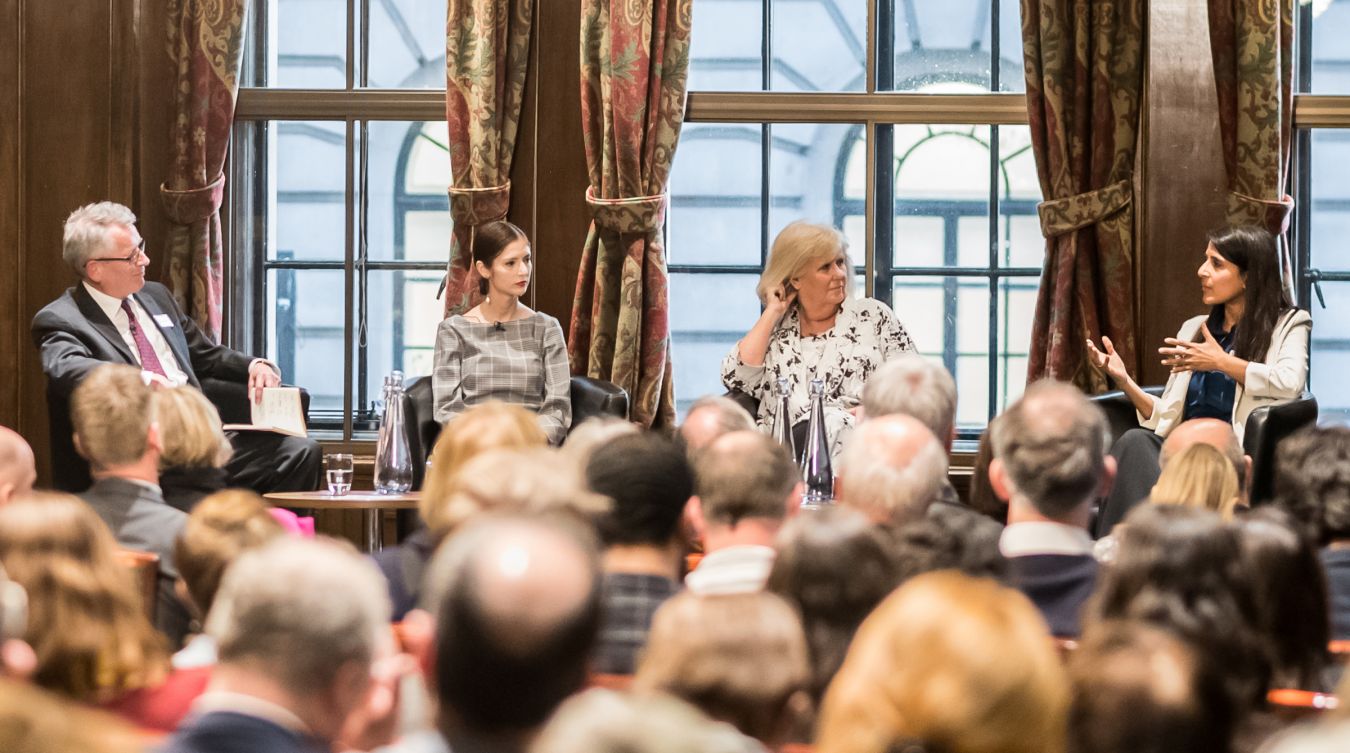 Professor Brian Cathcart with (left to right) journalists Hardeep Matharu, Liz Gerard and Nomia Iqbal at the Discover Leveson launch in Westminster.