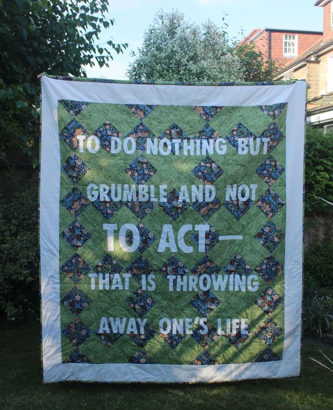 Izi Thexton\\\'s handmade quilt featuring a quote from William Morris is part of the StoryBox exhibition.