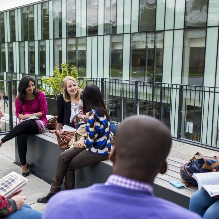 Students using one of the communal areas at Kingston Business School