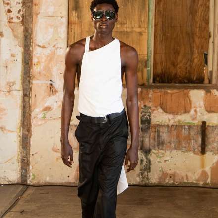 Another look from Charles Francis Hemsley's collection featuring his signature denim trousers. Photo credit - Sean Wyatt.