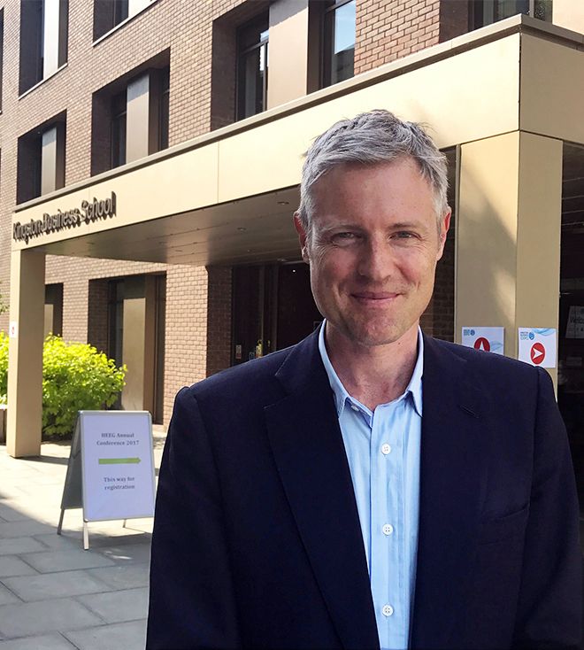 An image of MP Zac Goldsmith in front of Kingston Business School