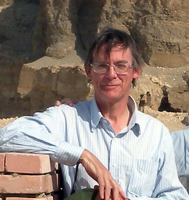 Kingston University alumnus Chris King at the Great Pyramids during expedition to Fayum area of Egypt