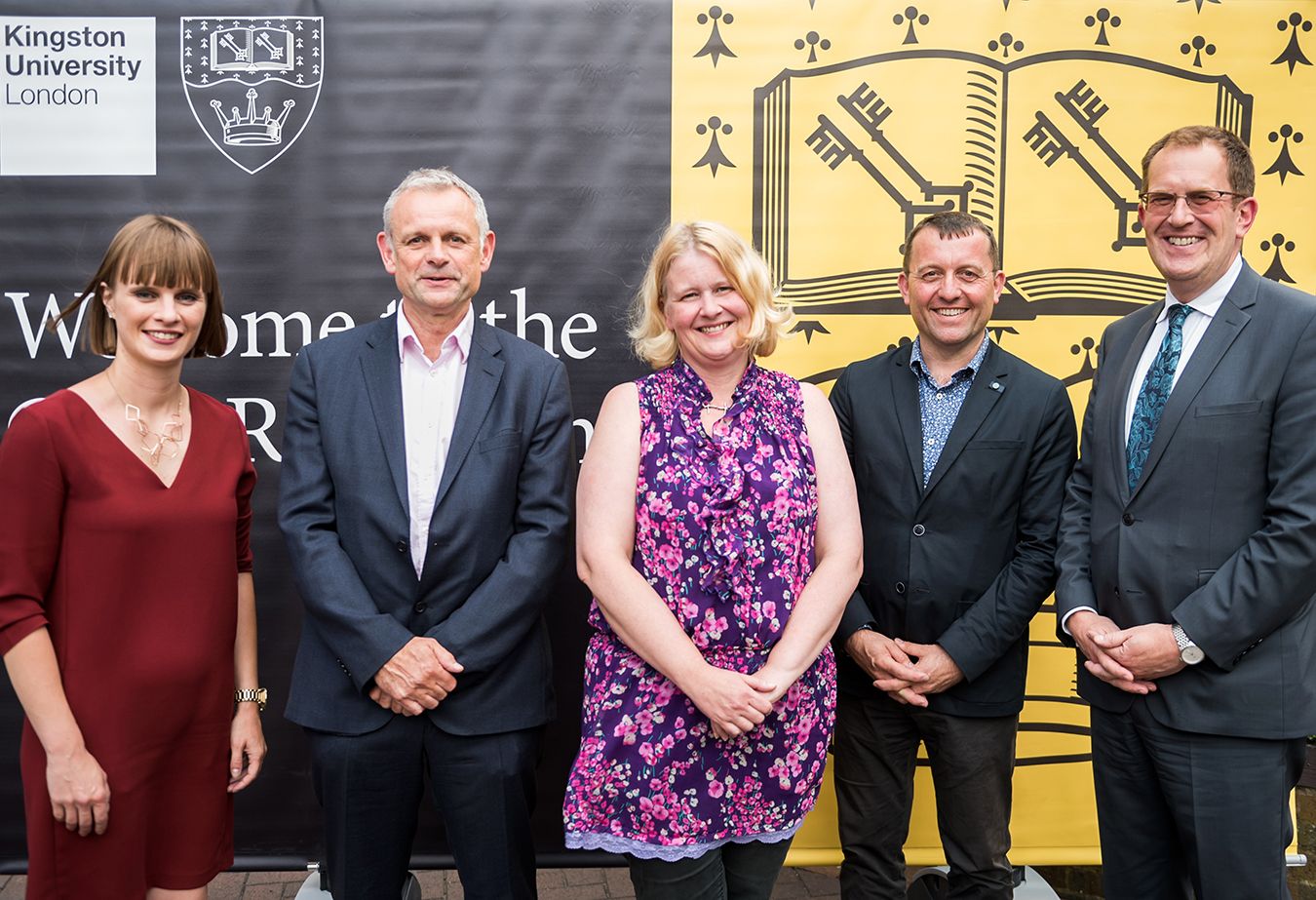 (left to right) Kingston First chief executive Kirsten Henly, Deputy chief executive of Kingston Council Roy Thompson, Council leader Councillor Liz Green, Pro Vice-Chancellor for Culture and Public Engagement Professor Colin Rhodes and University Vice-Chancellor Professor Steven Spier.