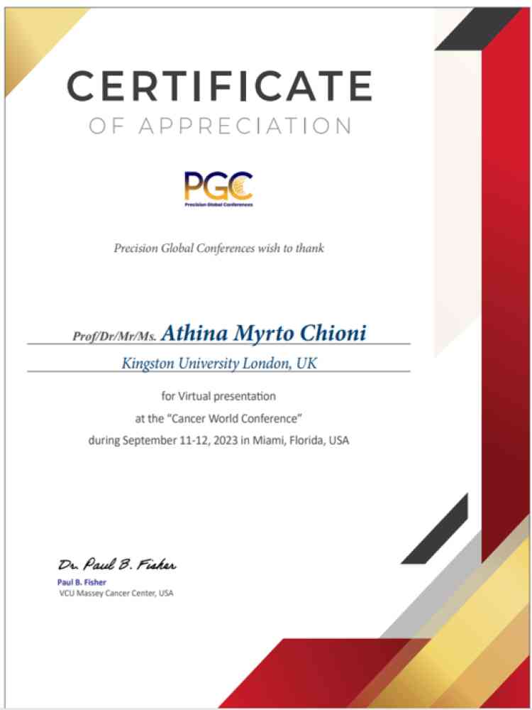 Certificate of presenting at Cancer World Conference 2023, Miami, Florida, USA - Certificate of presenting at Cancer World Conference 2023, Miami, Florida, USA