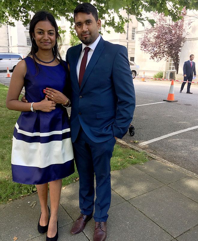 Teshnee Beeharry with fiance Yadhav outside Surrey County Hall