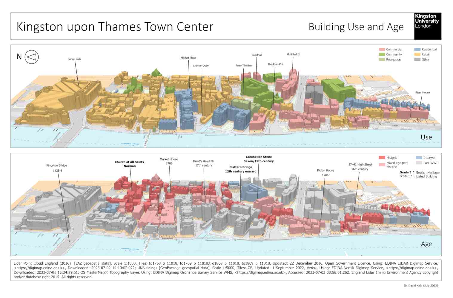 Building Use and Age in Kingston upon Thames Town Center - Combines Ordnance Survey LIDAR 3D point cloud, Verisk UK Buildings, and Historic England Listed Buildings