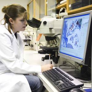 A student examining cells at Kingston University