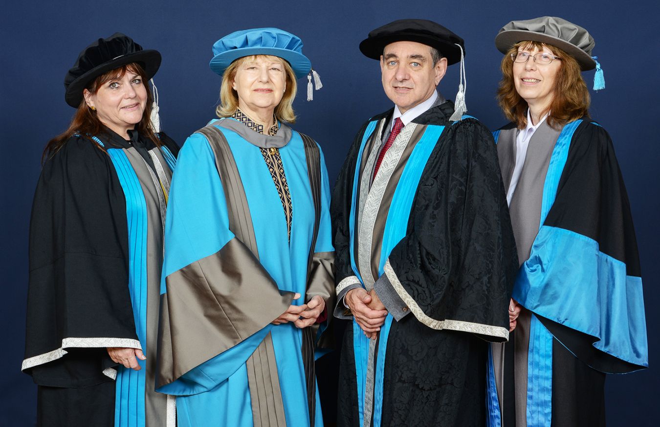 Baroness Nicholson of Winterbourne received her honorary degree at a ceremony held at the Rose Theatre in Kingston. From left to right, Professor Lesley-Jane Eales-Reynolds, Kingston University pro vice-chancellor (education), Baroness Nicholson of Winterbourne, Professor Julius Weinberg, Kingston University vice-chancellor and Dr Stephanie Morgan, associate dean for the Faculty of Business and Law.