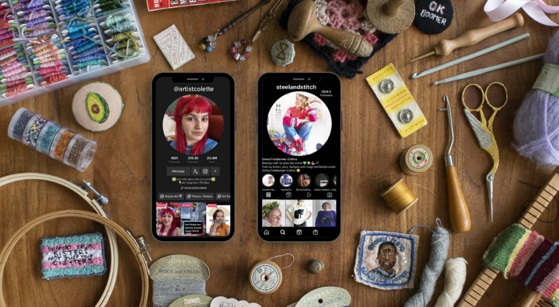Crafting materials such as needle and thread and scissors with examples of crafters' instagram profiles shown on mobile phones.