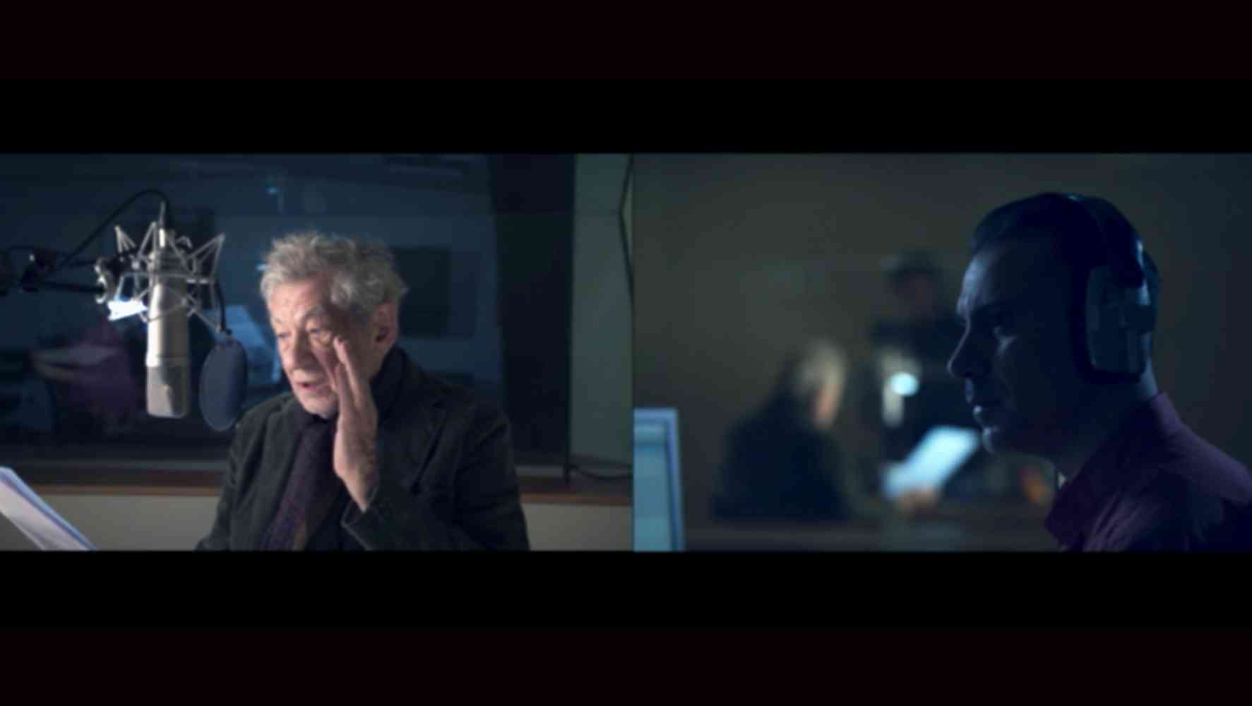 'The Father as 'Spectre':  Two Hamlets meet: Feature Film in Production - Ian McKellen plays the 'Ghost': Ben Turner plays Hamlet: Set in a recording studio this double screen sequence was shot using two parallel cameras and incorporated the 'resistances' generated by the sound equipment. Specific to digital developments in film. In a way that Shakespeare or the theatre could not envisage or produce.