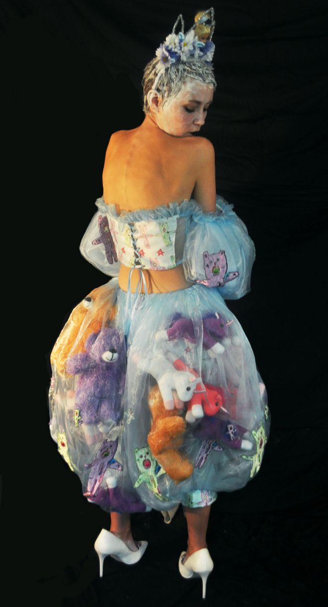 Fashion student Kate Clark models one of her garments, an organza netting skirt stuffed with her own teddy bears. 