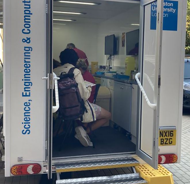 The University's mobile Lab in a Lorry has been transformed into a Jab in a Lorry at the Penrhyn Road campus.