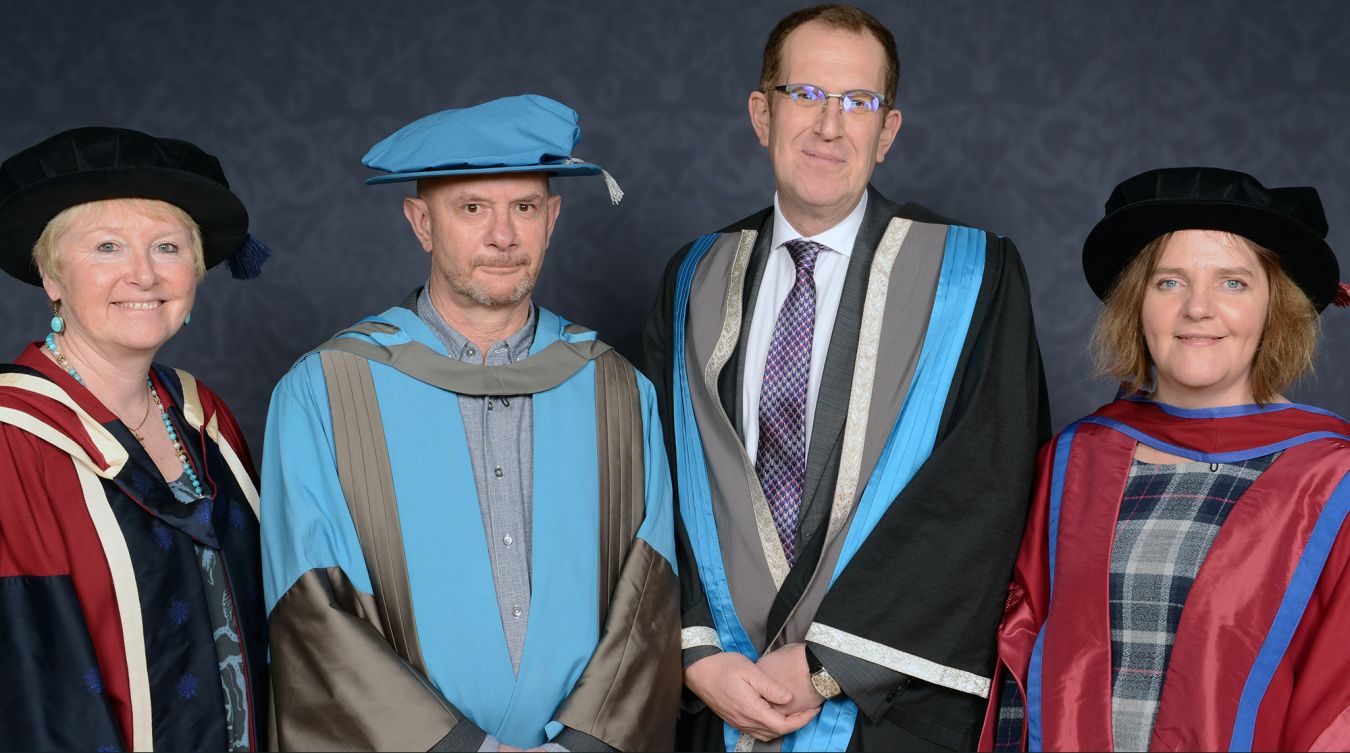 From left to right: Associate professor Alison Baverstock, Nick Hornby, Professor Steven Spier and Dr Trish Reid at the Rose Theatre in Kingston.