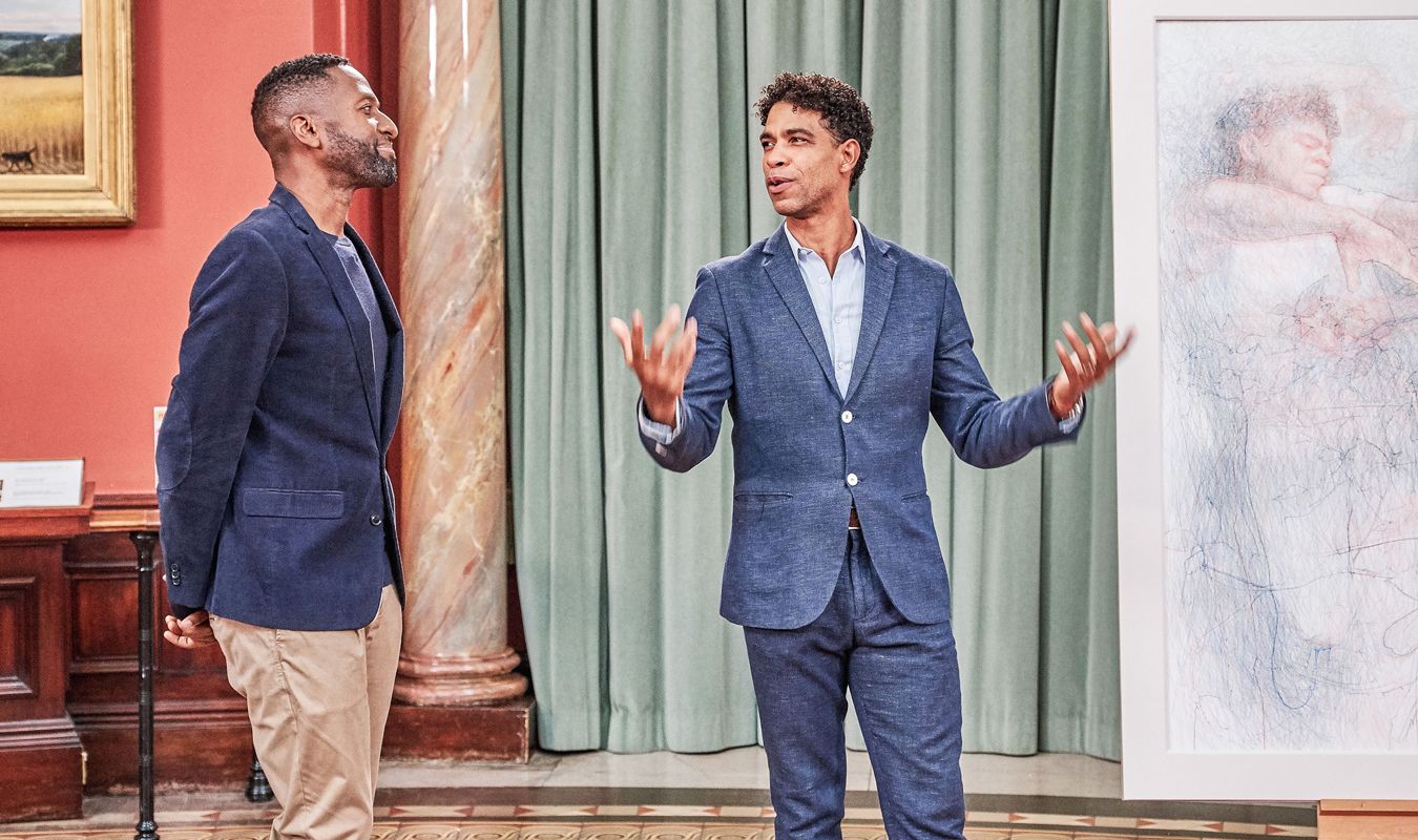 Curtis Holder, left, with Carlos Acosta and his portrait of the ballet dancer