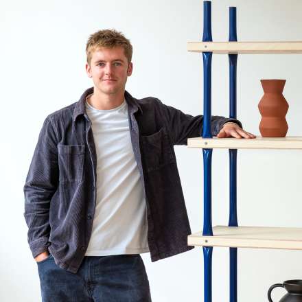 Jack Allfrey's Crush Shelving is a shelving system made up of crush formed steel uprights and plywood shelves. 