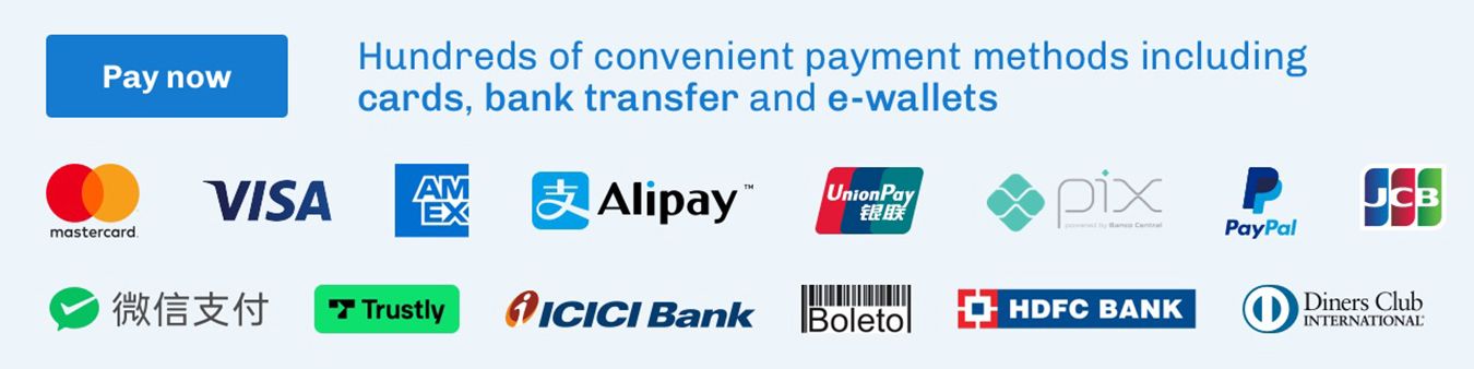 Image showing payment provider logos and the text saying hundreds of convenient payment methods including cards, bank transfer and e-wallets