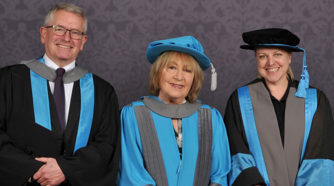 Journalist and philanthropist Dr Elaine Potter (centre) with former Kingston University Professor of Journalism Brian Cathcart and Dean of Kingston School of Art Mandy Ure.