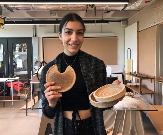 Product and furniture design student Constantina Ilia's 3D printed eggshell containers require 340 grams of eggshell for each piece. 