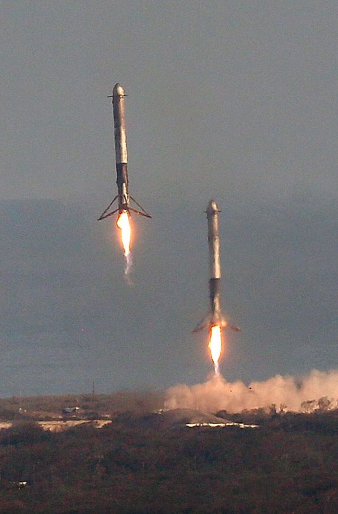 Two Falcon boosters come back to land at Cape Canaveral. The fact Space X\'s new rocket can be reused could have major implications for launching satellites and astronauts to space at a fraction of the current cost, according to Dr Adam Baker.