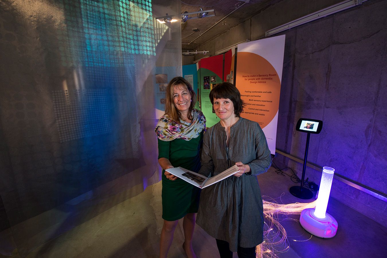 Drs Lesley Collier, left, and Anke Jakob shared their specialist knowledge with visitors to the Sensory Rooms exhibition staged as part of the Inside Out Festival. Image - University of Southampton
