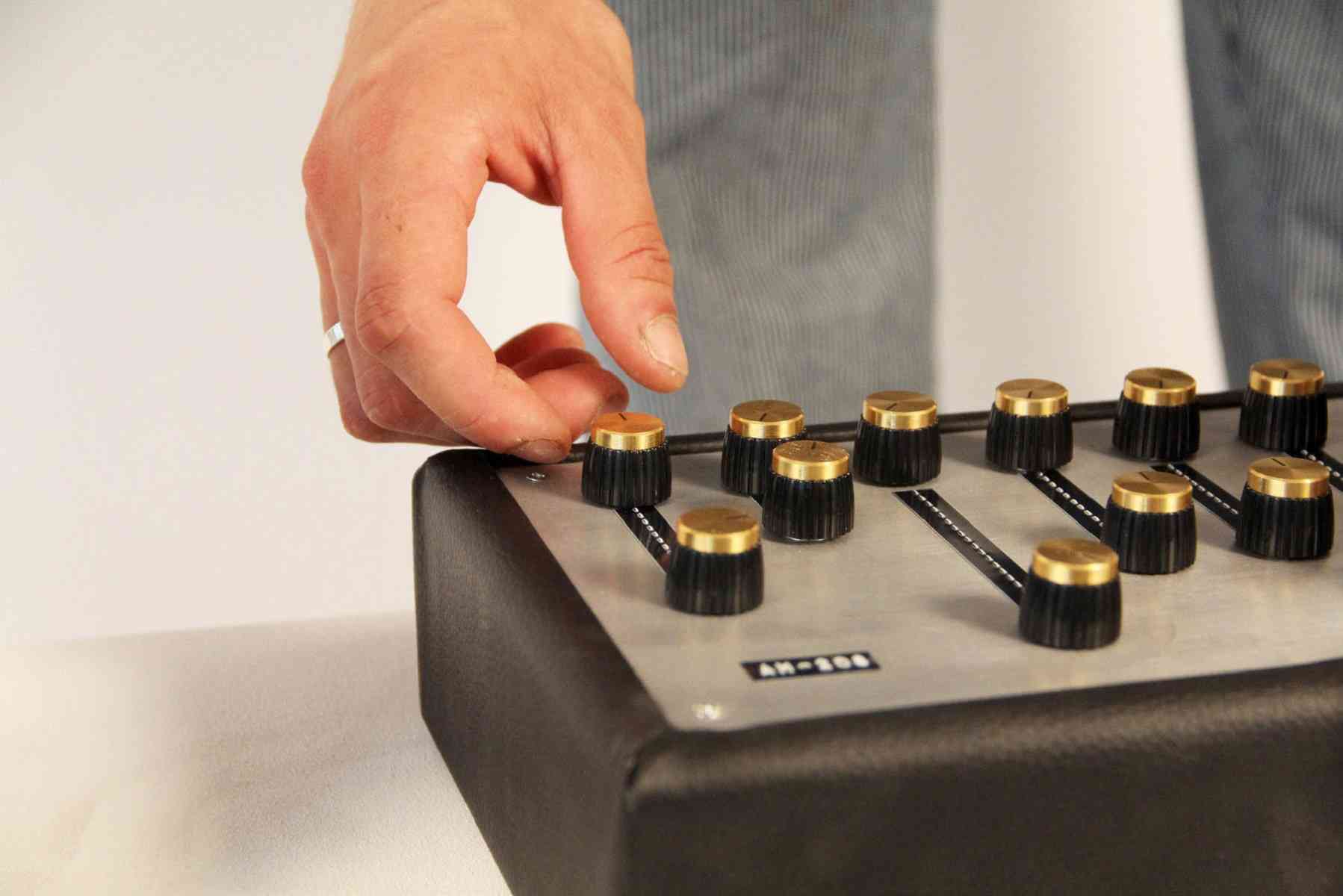 Fintan Feeney: Ambient Machine - An 8-channel audio mixing device with analogue controls for pitch and tempo, inviting users to explore how different adjustments impact the sound.