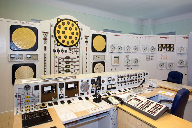 A mock control room inside the Obninsk building.