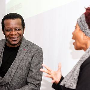 Comedian Stephen K Amos highlights importance of education during interview with Kingston University Chancellor Bonnie Greer at student media summit 
