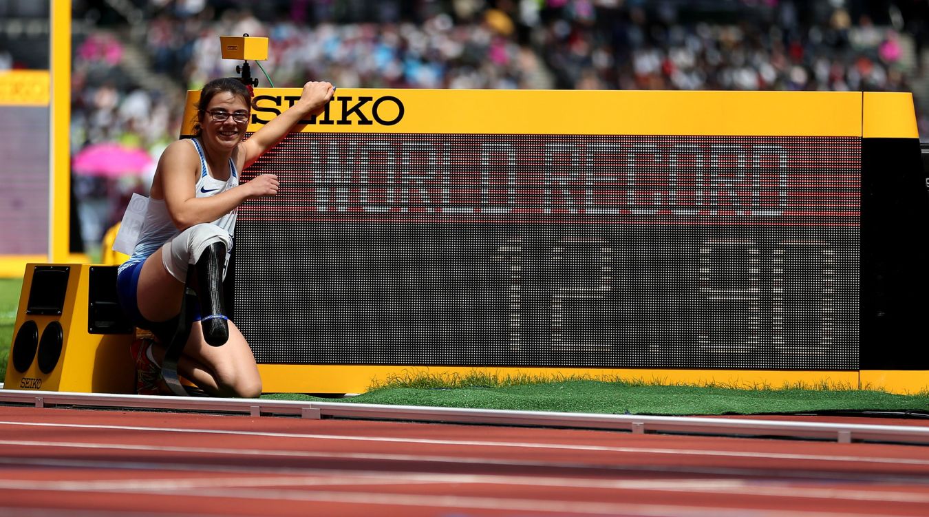 Kingston University student Sophie Kamlish set a new world record in the heat of the T44 100m at the World Para Athletics Championships. Image: Paston/BPI/Rex/Shutterstock.